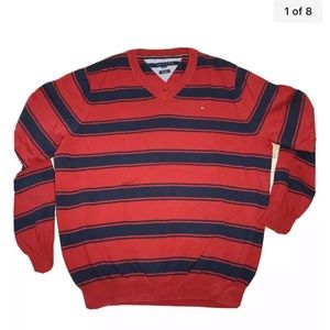 Tommy Hilfiger Men’s Sweater Red Blue Striped Long Sleeve V Neck Pullover XLarge